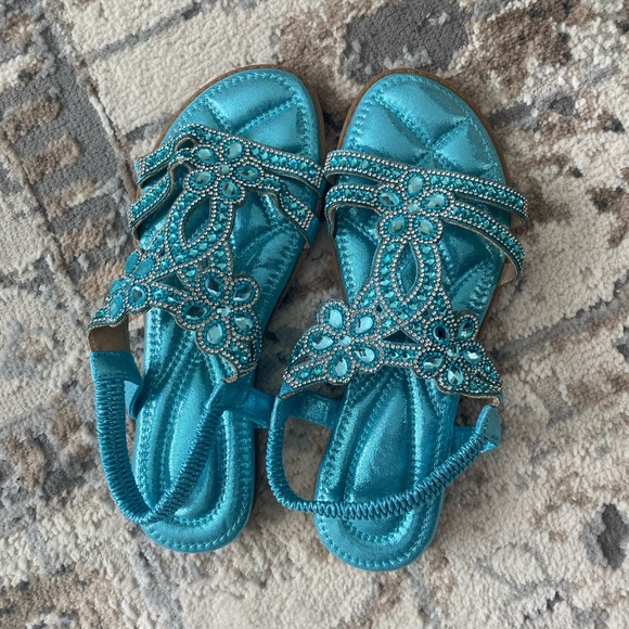 New Embellished Turquoise Rhinestones Sandals Studded Comfortable Shiny Sparkle - Picture 9 of 16
